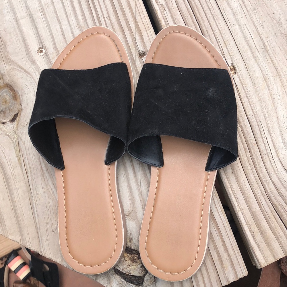 Black suede flat slides